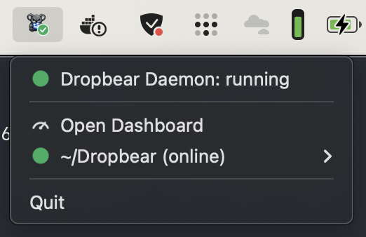 DropBear menu-bar app showing the daemon running, an online root, and an Open Dashboard action
