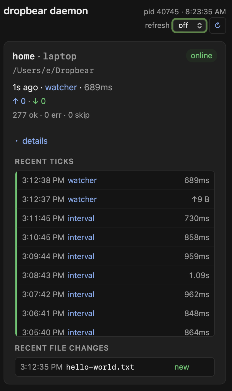 DropBear web dashboard showing recent sync ticks, byte counts, and recent file changes for a root